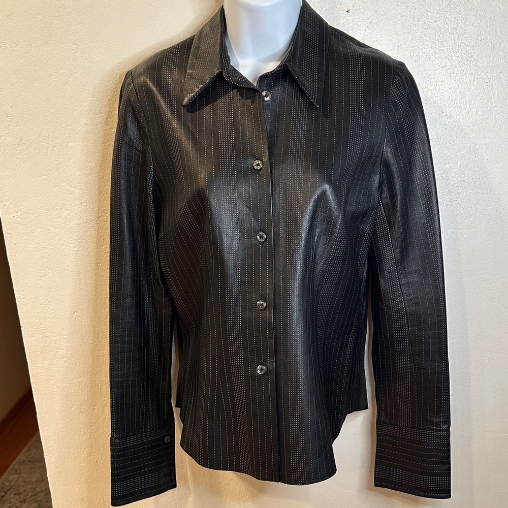 The Wrights long sleeved pleather top, pinstripes, size 6, button up